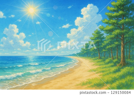 Seascape, sandy beach, pine grove 129150084