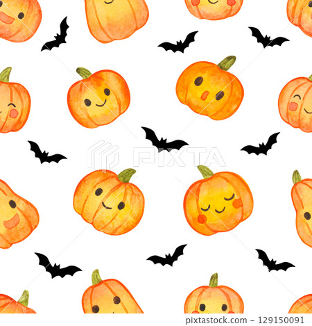 Seamless vector Halloween pattern with cute pumpkins and bats in watercolor style. Fun and festive design for kids, wrapping pape Seamless vector Halloween pattern with cute pumpkins and bats in watercolor style. Fun and festive design for kids, wrapping pape 129150091