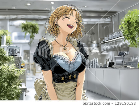 Maid Cafe Smiling Beautiful Maid - Glamorous and Attractive Anime-Style Illustration 129150158