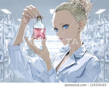 Anime-style illustration of a young female scientist researching artificial blood (medical research, cutting-edge lab) 129150163