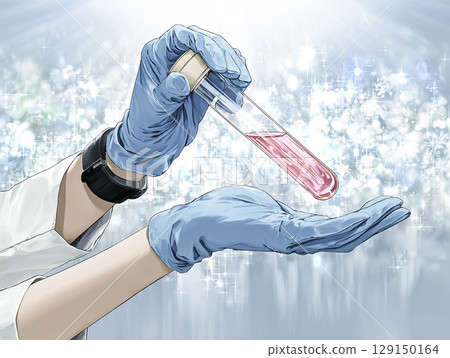Anime-style illustration of medical researcher holding a test tube containing artificial blood (close-up) 129150164