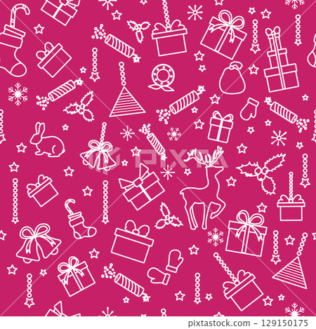 Christmas pattern with gifts, reindeer, and festive decorations on a red background Christmas pattern with gifts, reindeer, and festive decorations on a red background 129150175
