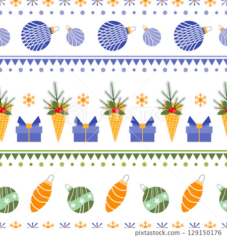 Christmas holiday pattern with ornaments, gifts, and festive decorations on white background Christmas holiday pattern with ornaments, gifts, and festive decorations on white background 129150176