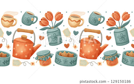 A colorful border pattern featuring teapots, cups, flowers, and cookies 129150186