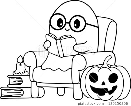 halloween cute ghost with glasses reading on a chair in outline cartoon style, perfect for cozy fall coloring pages 129150206