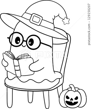 halloween cute ghost with glasses reading on a chair in outline cartoon style, perfect for cozy fall coloring pages 129150207