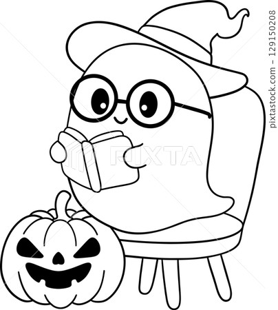 halloween cute ghost with glasses reading on a chair in outline cartoon style, perfect for cozy fall coloring pages 129150208