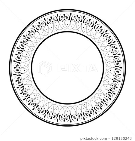 Beautiful round frame arabesques. Circle floral european national pattern frame arabesque. Vintage, ethnic vector frame with arabesques. Pattern frame for round surfaces, textiles, embroidery 129150243