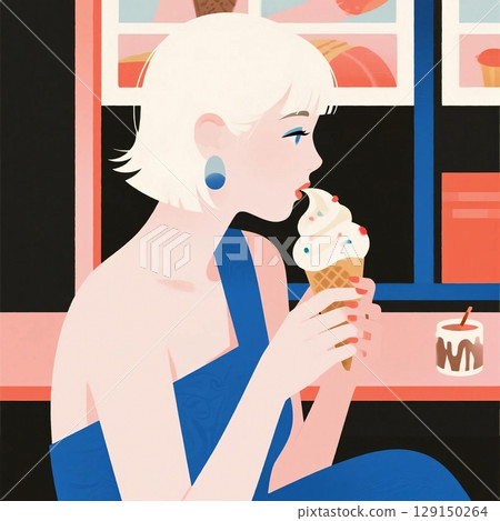 A female model wearing a shoulder dress eating soft serve ice cream 129150264