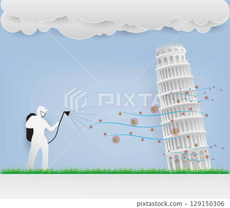 illustration of biology and Medical, paper cut artwork, Disinfection and cleaning of tourist attractions or landmarks, the Tower of Pisa is the campanile, Big Cleaning activities against COVID 19 129150306