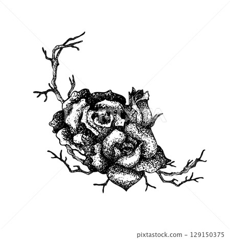 Floral frame with roses and dry branches in graphics. Hand drawn ink vector illustration with flower, twigs in Gothic concept, Punk or Rockabilly style. For textile, decoration, element of heraldry Floral frame with roses and dry branches in graphics. Hand drawn ink vector illustration with flower, twigs in Gothic concept, Punk or Rockabilly style. For textile, decoration, element of heraldry 129150375