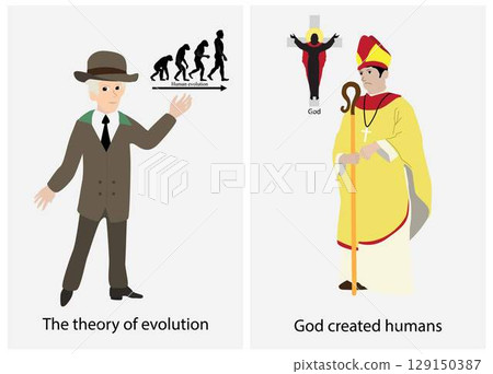 illustration of physics and religion, Scientists believe the theory of evolution of living things, Religion believes that living beings are made up of gods, belief and science illustration of physics and religion, Scientists believe the theory of evolution of living things, Religion believes that living beings are made up of gods, belief and science 129150387