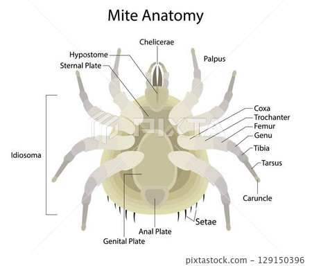illustration of biology and animals, Mite Anatomy, Mites are small arachnids, Mites occupy a wide range of ecological niches, mites are parasitic, mites have four pairs of legs, each with six segments illustration of biology and animals, Mite Anatomy, Mites are small arachnids, Mites occupy a wide range of ecological niches, mites are parasitic, mites have four pairs of legs, each with six segments 129150396
