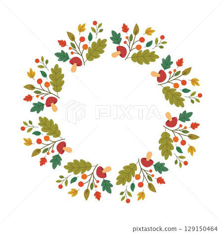 Autumn wreath with mushrooms berries and colorful leaves in flat cartoon style isolated on white background perfect for seasonal decoration and design Autumn wreath with mushrooms berries and colorful leaves in flat cartoon style isolated on white background perfect for seasonal decoration and design 129150464