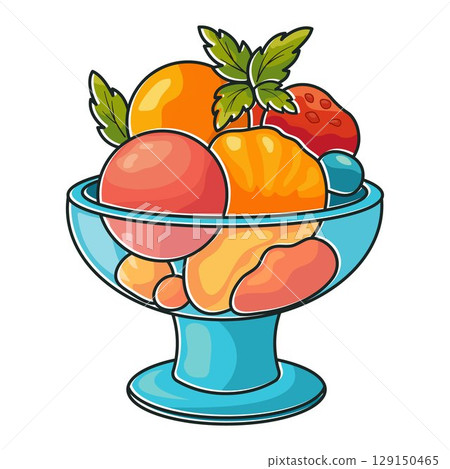 Colorful cartoon ice cream in glass bowl with fruits and berries isolated on white background perfect for summer design dessert menu and decoration 129150465