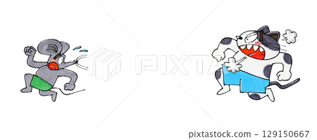 Chasing cat and fleeing mouse characters Copy space (margin) 129150667