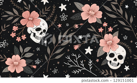 Seamless pattern with white skulls black background  129151001
