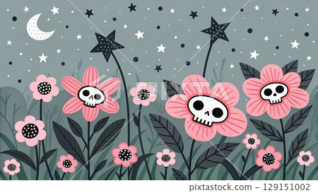 Seamless pattern with white skulls black background  129151002