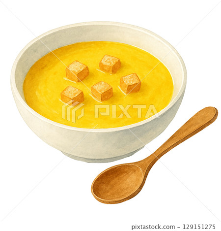 南瓜湯佐麵包丁的水彩插圖 南瓜湯佐麵包丁的水彩插圖 129151275