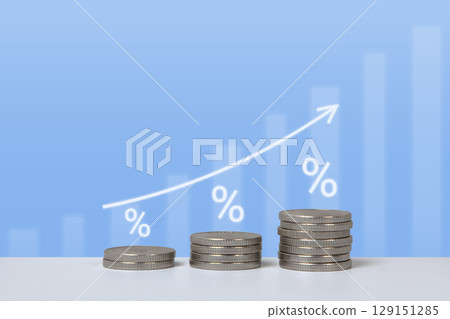 Coins with arrow up and growth of bar chart percentage sign, inflation, profit, long term investment, financial growth. Stock market chart for bank. Interest rate finance and mortgage rates. 129151285