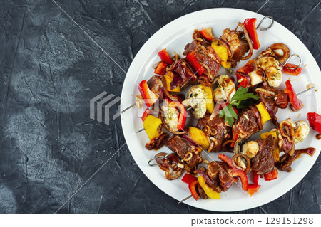 Raw Meat Shish Kebab, Marinated Meat. Raw Meat Shish Kebab, Marinated Meat. 129151298