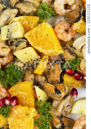 Appetizing seafood, salad, food background. Appetizing seafood, salad, food background. 129151328