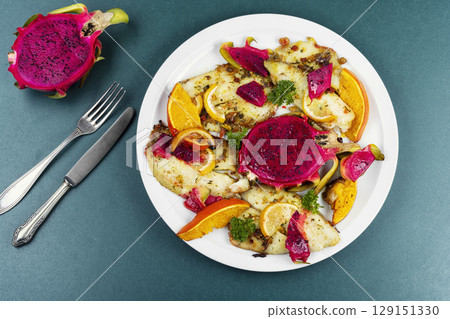 Diet fish baked with pitahaya or dragon fruit. Diet fish baked with pitahaya or dragon fruit. 129151330