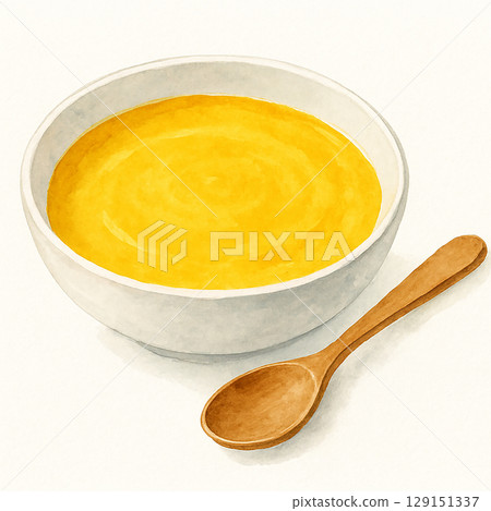 Watercolor illustration of plain pumpkin soup (with spoon) 129151337