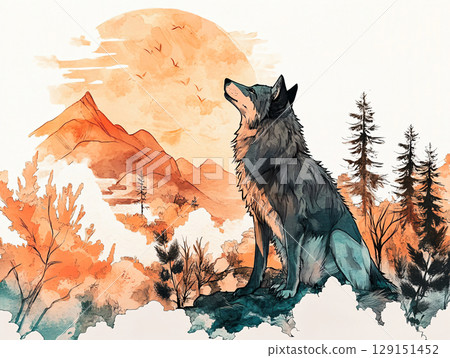 Wolf hand painted watercolor illustration. Beautiful noble wolf. AI Generated. 129151452