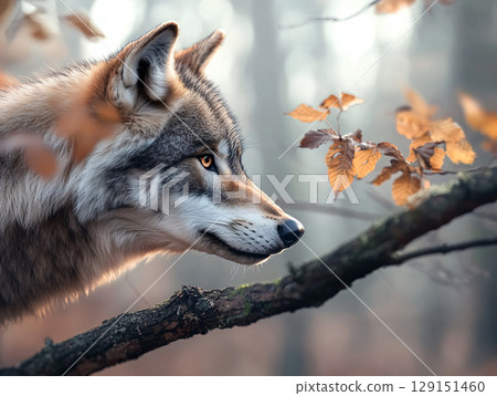 Majestic wolf in the forest. AI Generated. 129151460