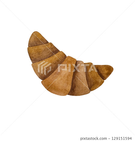 A watercolor illustration of a delicious, fresh croissant on a white background. The detailed artwork captures the flaky layers and golden-brown crust, making it perfect for bakery, breakfast, or food 129151594