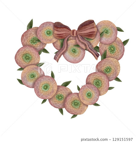 Watercolor heart shape made of ranunculus flowers with a dark pink striped bow on a white background. Romantic and delicate, perfect for Valentine's Day, wedding invitations, and love-themed designs Watercolor heart shape made of ranunculus flowers with a dark pink striped bow on a white background. Romantic and delicate, perfect for Valentine's Day, wedding invitations, and love-themed designs 129151597