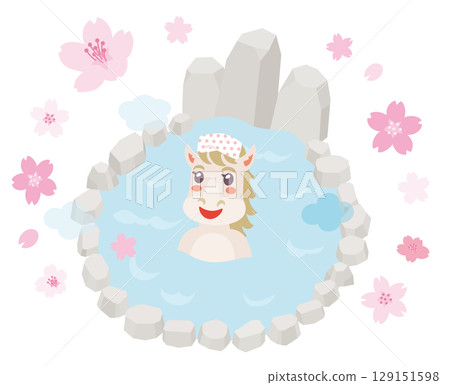 Horse girl soaking in an open-air bath in spring Horse girl soaking in an open-air bath in spring 129151598
