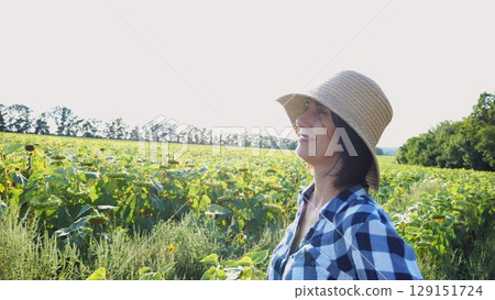 Female agronomist exploring plants at yellow meadow. Adult farmer examining ripe sunflowers at field on sunny day. Beautiful scenic landscape. Concept of agriculture and agronomy business. Close up Female agronomist exploring plants at yellow meadow. Adult farmer examining ripe sunflowers at field on sunny day. Beautiful scenic landscape. Concept of agriculture and agronomy business. Close up 129151724