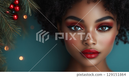 Beautiful black woman, cosmetology, beauty, festive makeup, Merry Christmas and Happy New Year, banner with copy space 129151864