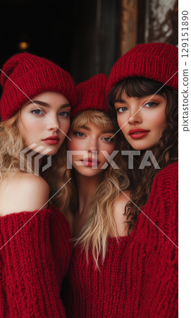 Beautiful women, cosmetology, beauty, festive makeup, Merry Christmas and Happy New Year, banner with copy space 129151890