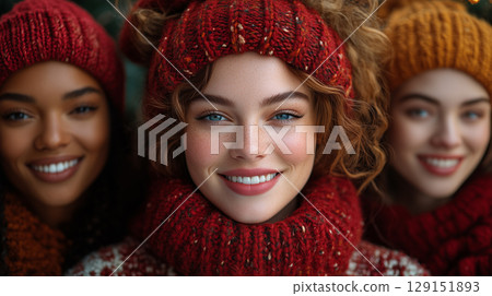 Beautiful women, cosmetology, beauty, festive makeup, Merry Christmas and Happy New Year, banner with copy space 129151893