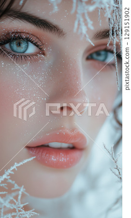 Beautiful woman, cosmetology, beauty, festive makeup, Merry Christmas and Happy New Year, banner with copy space Beautiful woman, cosmetology, beauty, festive makeup, Merry Christmas and Happy New Year, banner with copy space 129151902
