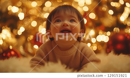 Crying asian baby against blurred Christmas tree, New Year, banner 129151921