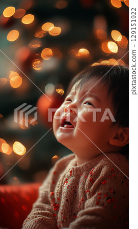 Crying asian baby against blurred Christmas tree, New Year, banner 129151922