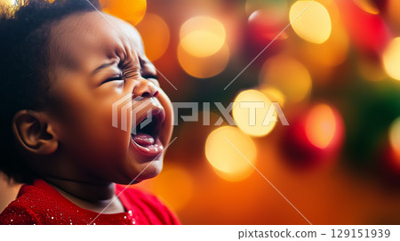 Crying Black baby against blurred Christmas tree, New Year, banner 129151939