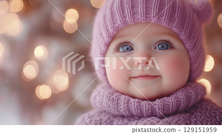 baby against blurred Christmas tree, New Year, banner 129151959