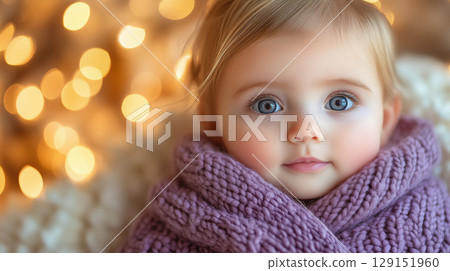 baby against blurred Christmas tree, New Year, banner 129151960