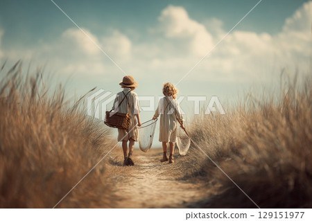 Back view of children holding butterfly nets walking through a summer meadow (Western style) 129151977