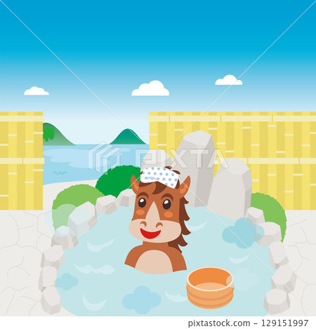 一匹馬在露天浴池裡泡澡,欣賞海景 一匹馬在露天浴池裡泡澡,欣賞海景 129151997