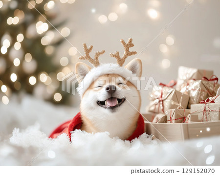 Shiba Inu dog smiling happily in festive Christmas setting with gifts and lights 129152070