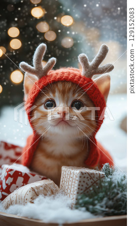 Adorable Cat Kitten in Christmas Reindeer Outfit with Snow and Festive Gifts 129152083
