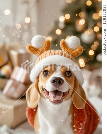 Cute Beagle dog wearing antlers, surrounded by festive Christmas decor and gifts, looking happy Cute Beagle dog wearing antlers, surrounded by festive Christmas decor and gifts, looking happy 129152085