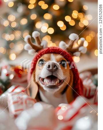 Cute Beagle dog with Christmas lights, celebrating holiday joy and festive smile Cute Beagle dog with Christmas lights, celebrating holiday joy and festive smile 129152086