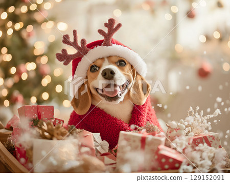 Beagle Christmas dog in festive holiday setting with gifts and decorations, spreading joy and smiles Beagle Christmas dog in festive holiday setting with gifts and decorations, spreading joy and smiles 129152091